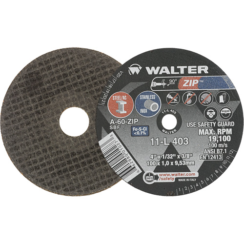 Zip Cut-Off Wheel, 4" x 1/32", 3/8" Arbor, Type 1, Aluminum Oxide, 19100 RPM Rideout Tool & Machine Inc.
