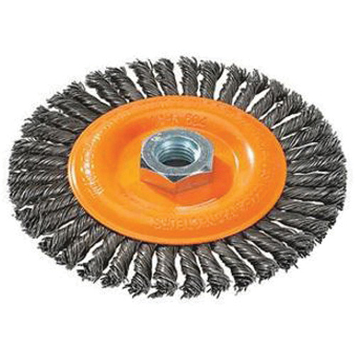 Brosse &agrave; fils nou&eacute;s pour cordons de soudure, Dia. 4", Fils 0,02", Arbre 5/8"-11, Acier Rideout Tool & Machine Inc.