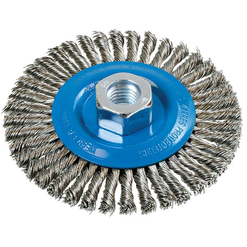 Stringer Bead Knotted Wire Brush, 4-1/2" Dia., 0.02" Fill, 5/8"-11 Arbor, Aluminum/Stainless Steel Rideout Tool & Machine Inc.