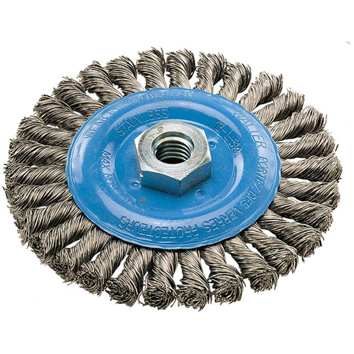 Wide Knotted Wire Wheel Brush, 5" Dia., 0.02" Fill, 5/8"-11 Arbor, Aluminum/Stainless Steel Rideout Tool & Machine Inc.