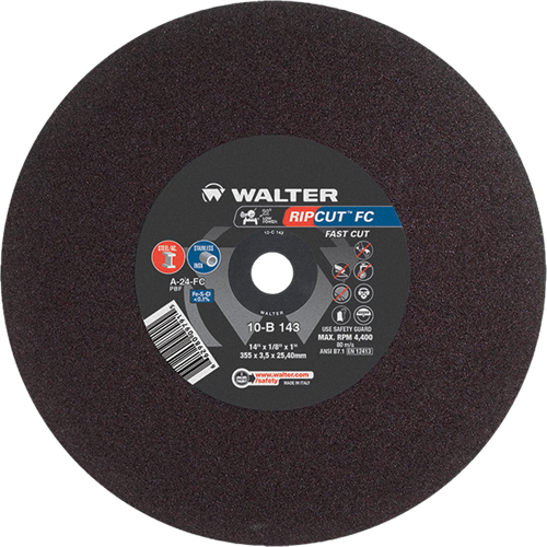Ripcut Stainless Steel & Steel Cut-Off Wheel for Stationary Saws, 14" x 1/8", 1" Arbor, Type 1, Aluminum Oxide, 4400 RPM Rideout Tool & Machine Inc.