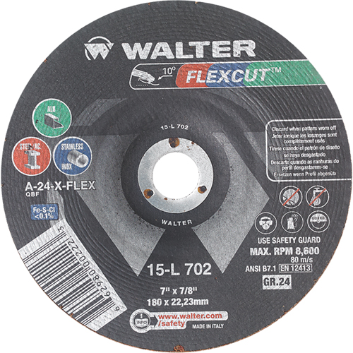 Meules &agrave; moyeu d&eacute;port&eacute; Flexcut, 7", 24 Grain, Oxyde d'aluminium, 7/8", 8600 Tr/min, Type 29 Rideout Tool & Machine Inc.