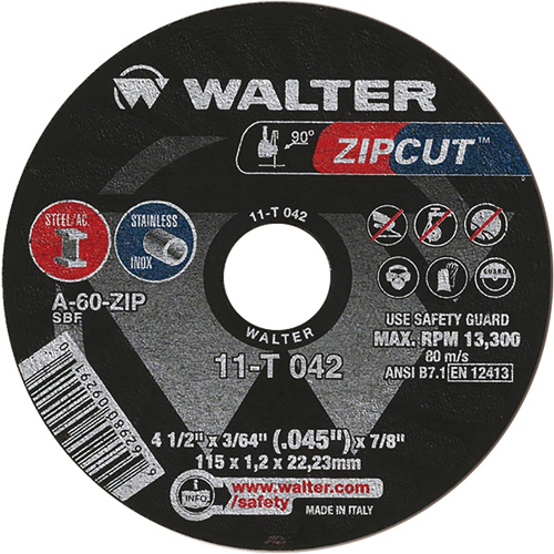 Zipcut Cut-Off Wheel, 4-1/2" x 3/64", 7/8" Arbor, Type 1, Aluminum Oxide, 13300 RPM Rideout Tool & Machine Inc.