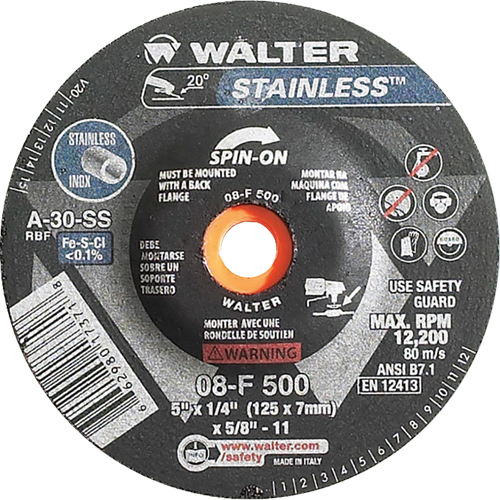 Depressed Centre Grinding Wheels - Stainless Type 27, 5" x 1/4", 5/8"-11 Arbor, Type 27S Rideout Tool & Machine Inc.