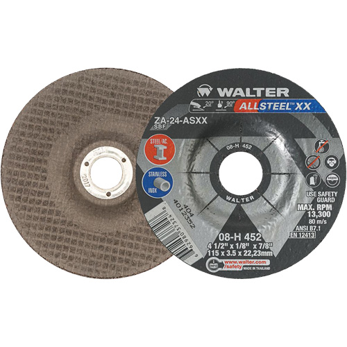 Depressed Centre Grinding Wheels - Allsteel XX, 4-1/2" x 1/8", 7/8" Arbor, Type 27, Zirconia Alumina, 13300 RPM Rideout Tool & Machine Inc.