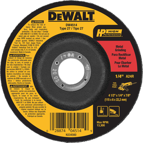 High Performance Metal Grinding Wheel, 4-1/2" x 1/4", 7/8" Arbor, Aluminum Oxide, Type 27 Rideout Tool & Machine Inc.