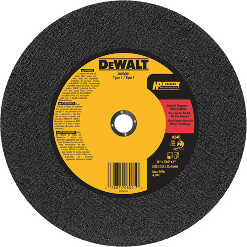 General Purpose Metal Cutting Chop Saw Wheel, 14" x 7/64", 1" Arbor, Type 1, Aluminum Oxide, 4300 RPM Rideout Tool & Machine Inc.