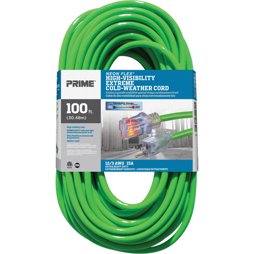 Neon Flex&reg; High Visibility Extension Cord, Outdoor, SJTW, 12/3 AWG, 15 A, 100' Rideout Tool & Machine Inc.