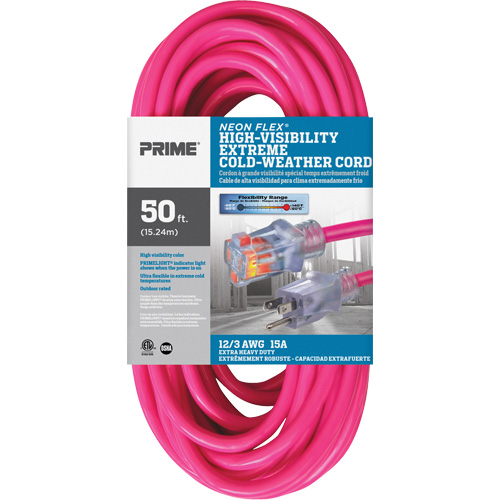 Cordon rallonge haute visibilit&eacute; Neon Flex, Ext&eacute;rieur, SJTW, AWG 12/3, 15 A, 50' Rideout Tool & Machine Inc.