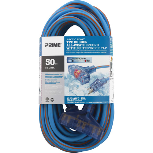 Arctic Blue TPE-Rubber Extension Cord, All-Weather, SJEOW, 12/3 AWG, 15 A, 3 Outlet(s), 50' Rideout Tool & Machine Inc.