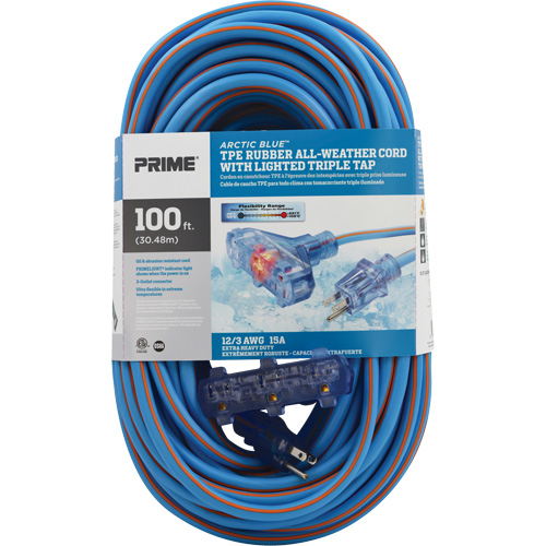 Arctic Blue TPE-Rubber Extension Cord, All-Weather, SJEOW, 12/3 AWG, 15 A, 3 Outlet(s), 100' Rideout Tool & Machine Inc.