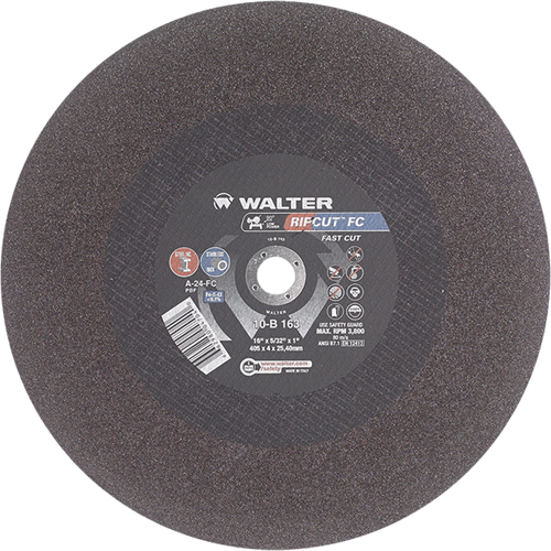 Ripcut Stainless Steel & Steel Cut-Off Wheel for Stationary Saws, 16" x 5/32", 1" Arbor, Type 1, Aluminum Oxide, 3800 RPM Rideout Tool & Machine Inc.