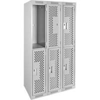 Clean Line Lockers, 2 -tier, Bank of 3, 36" x 15" x 72", Steel, Grey, Rivet (Assembled), Perforated Rideout Tool & Machine Inc.