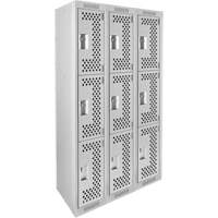 Clean Line Lockers, 3 -tier, Bank of 3, 36" x 12" x 72", Steel, Grey, Rivet (Assembled), Perforated Rideout Tool & Machine Inc.