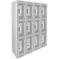 Clean Line Lockers, 3 -tier, Bank of 4, 48" x 12" x 72", Steel, Grey, Rivet (Assembled), Perforated Rideout Tool & Machine Inc.