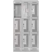 Clean Line Lockers, 3 -tier, Bank of 3, 36" x 18" x 82", Steel, Grey, Rivet (Assembled), Perforated Rideout Tool & Machine Inc.