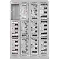 Clean Line Lockers, 3 -tier, Bank of 4, 48" x 18" x 82", Steel, Grey, Rivet (Assembled), Perforated Rideout Tool & Machine Inc.