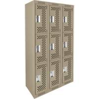 Clean Line Lockers, 3 -tier, Bank of 3, 36" x 12" x 72", Steel, Beige, Rivet (Assembled), Perforated Rideout Tool & Machine Inc.