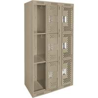 Clean Line Lockers, 3 -tier, Bank of 3, 36" x 12" x 72", Steel, Beige, Rivet (Assembled), Perforated Rideout Tool & Machine Inc.