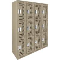 Clean Line Lockers, 3 -tier, Bank of 4, 48" x 12" x 72", Steel, Beige, Rivet (Assembled), Perforated Rideout Tool & Machine Inc.