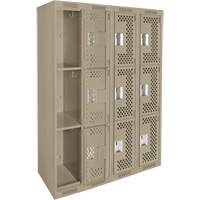 Clean Line Lockers, 3 -tier, Bank of 4, 48" x 12" x 72", Steel, Beige, Rivet (Assembled), Perforated Rideout Tool & Machine Inc.