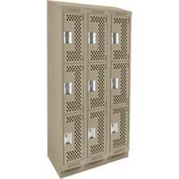 Clean Line Lockers, 3 -tier, Bank of 3, 36" x 18" x 82", Steel, Beige, Rivet (Assembled), Perforated Rideout Tool & Machine Inc.