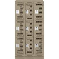 Clean Line Lockers, 3 -tier, Bank of 3, 36" x 18" x 82", Steel, Beige, Rivet (Assembled), Perforated Rideout Tool & Machine Inc.
