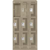 Clean Line Lockers, 3 -tier, Bank of 3, 36" x 18" x 82", Steel, Beige, Rivet (Assembled), Perforated Rideout Tool & Machine Inc.