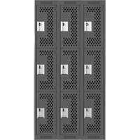 Clean Line Lockers, 3 -tier, Bank of 3, 36" x 12" x 72", Steel, Charcoal, Rivet (Assembled), Perforated Rideout Tool & Machine Inc.
