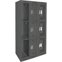 Clean Line Lockers, 3 -tier, Bank of 3, 36" x 12" x 72", Steel, Charcoal, Rivet (Assembled), Perforated Rideout Tool & Machine Inc.