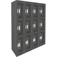 Clean Line Lockers, 3 -tier, Bank of 4, 48" x 12" x 72", Steel, Charcoal, Rivet (Assembled), Perforated Rideout Tool & Machine Inc.