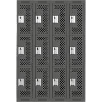 Clean Line Lockers, 3 -tier, Bank of 4, 48" x 12" x 72", Steel, Charcoal, Rivet (Assembled), Perforated Rideout Tool & Machine Inc.