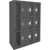 Clean Line Lockers, 3 -tier, Bank of 4, 48" x 12" x 72", Steel, Charcoal, Rivet (Assembled), Perforated Rideout Tool & Machine Inc.