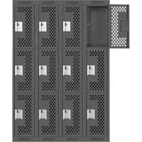 Clean Line Lockers, 3 -tier, Bank of 4, 48" x 12" x 72", Steel, Charcoal, Rivet (Assembled), Perforated Rideout Tool & Machine Inc.