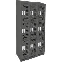 Clean Line Lockers, 3 -tier, Bank of 3, 36" x 18" x 82", Steel, Charcoal, Rivet (Assembled), Perforated Rideout Tool & Machine Inc.
