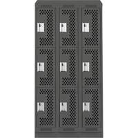 Clean Line Lockers, 3 -tier, Bank of 3, 36" x 18" x 82", Steel, Charcoal, Rivet (Assembled), Perforated Rideout Tool & Machine Inc.