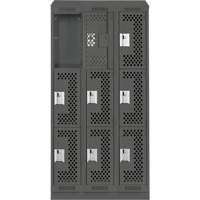 Clean Line Lockers, 3 -tier, Bank of 3, 36" x 18" x 82", Steel, Charcoal, Rivet (Assembled), Perforated Rideout Tool & Machine Inc.