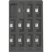 Clean Line Lockers, 3 -tier, Bank of 4, 48" x 18" x 82", Steel, Charcoal, Rivet (Assembled), Perforated Rideout Tool & Machine Inc.