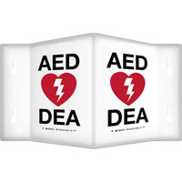 90° Projecting "AED/DEA" Sign, 6" x 5", Plastic, Bilingual with Pictogram SHI574 | Rideout Tool & Machine Inc.